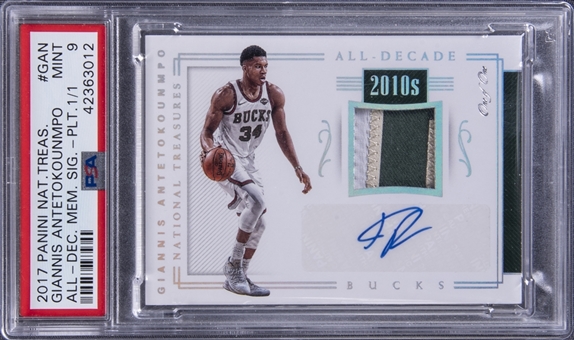 2017-18 Panini National Treasures "All-Decade Signatures" #GAN Giannis Antetokounmpo Signed Game Used Patch Card (#1/1) – PSA MINT 9